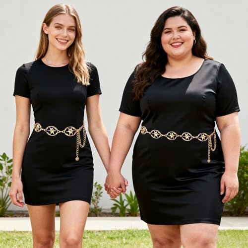 LIMHOO Women's Metal Waist Chain Belts Gold Silver Link Belt for Dresses - color: Star Gold, size: XL: Length 150cm/59in