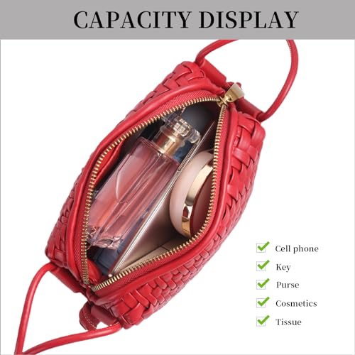 Woven Crossbody Bags for Women Handwoven Purses Vegan Leather Small Handbag Handmade Shoulderbag | Lightweight - color: Red