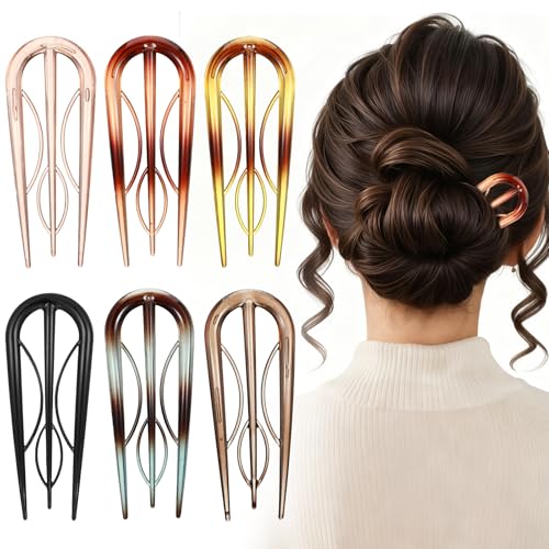 6 Pcs French Hair Pins for Women, U-Shaped Hair Fork Vintage Large Hair Styling Pins Internal Teeth Hair Sticks for All Hair Types (6 colors)