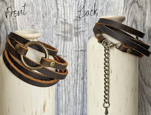 SPUNKYsoul Buckle or 5 Wrap Leather Circle Bracelet - Handmade Adjustable Leather Wrap Bracelet for Women & Men, Unique Distressed Stackable Jewelry with Symbolic Circle for Everyday Wear & Gifting - style: Men's Brown