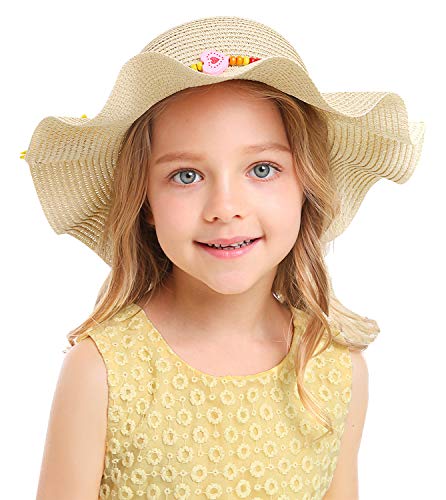Bienvenu Kids Multi-Colors Large Brim Flower Beach Sun Hats - color: Beigeyellow