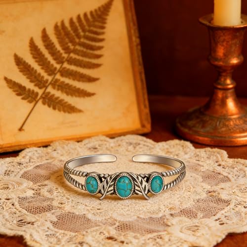 Genuine Turquoise Bracelet Cuff Bracelet for Women Mom 925 Sterling Silver Natural Turquoise Bangles Vintage Bracelet Boho Jewelry for Birthday Christmas Mother's Day Valentine's Day - style: Feather