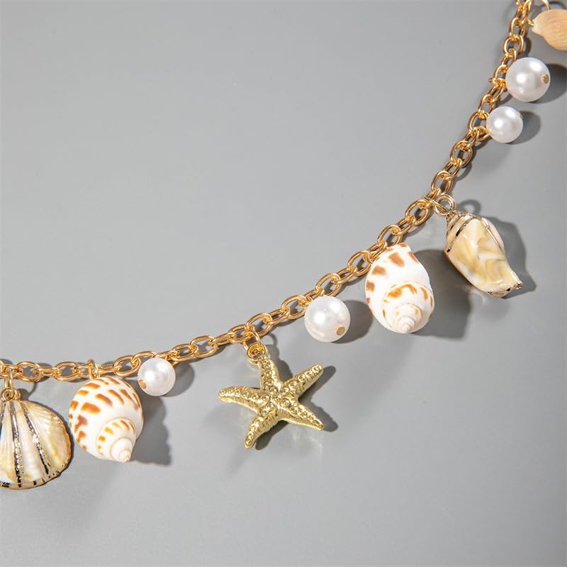 Gold Starfish Seashell Waist Chain Belt for Women Boho Mermaid Pearl Body Chain Summer Beach Vacation Bikini Jewelry Accessories - style: Starfish conch and seashell