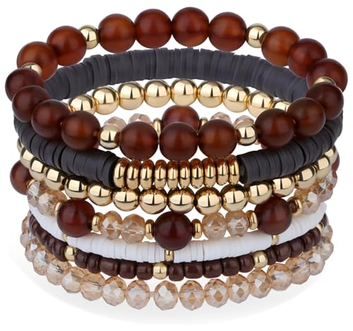 XIANNVXI 7pc Heishi Clay Bead Bracelets for Women Gold Plated Beaded Bohemian Stackable 6.8In Stretch Bracelets Elastic Layering Friendship Jewelry Boho Gift Set - color: Brown