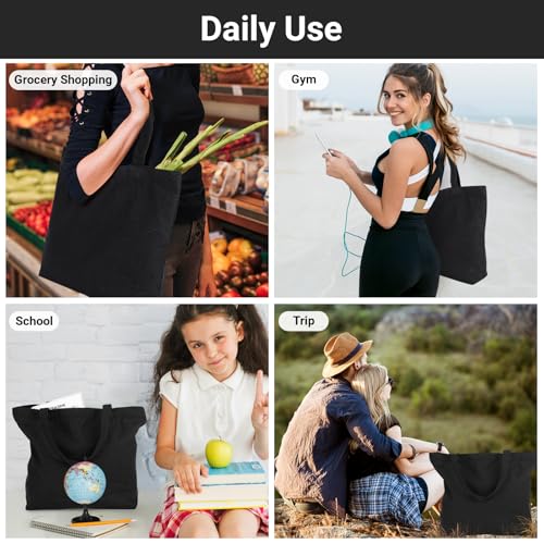 Segarty Black Canvas Tote Bag, 3 Packs 16x15 inch Canvas Bags with Zipper, 12Oz Heavy Duty Reusable Washable Grocery Shopping Bag with Handle, Blank Cotton Bags for Kids DIY Crafts Painting Bulk - size: 16.5"x13.4"x3.9", style: Black_3pcs