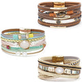Leather Wrap Bracelet Set 3Pack Wrist Cuff Bracelet for Women Multilayer Magnetic Clasp Bracelet Feather Tree Bead Crystal Bracelet - color: Bead Colorful