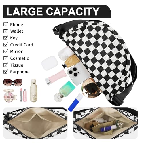Nylon Crescent Crossbody Bag for Women Purses Trendy Men,Small Travel Sling Bag Hobo - color: Checkered-black, size: Small
