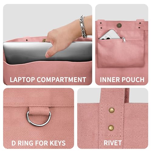 HOMESPON Large Canvas Tote Bag for Women Everything Bag with Pockets and Laptop Sleeve - color: Pink