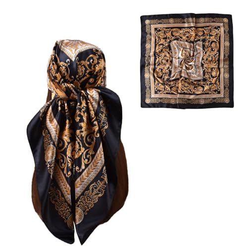 35” Satin Large Square Head Scarves-Like Silk Satin Scarf for Hair Wrapping at Night Bandana Square Scarf for Sleeping - color: Four Square Coins-black