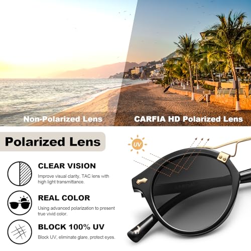 CARFIA Double Bridge Small Acetate Sunglasses for Women Polarized, Retro Metal Brow Ladies Sunnies Fashion Round Eyewears - color: Black