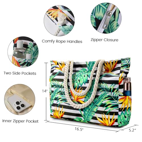 Clothirily Beach Bag for Women - Large Beach Tote Bag, Waterproof Sandproof Beach Bag with Zipper, Large Swim Pool Beach Tote - color: Leaf Stripe