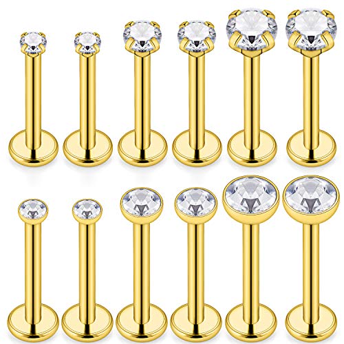 SCERRING 6 Pairs 14G Stainless Steel Clear CZ Internally Threaded Labret Monroe Lip Tragus Cartilage Helix Earring Ring Body Piercing Jewelry 6-10mm - style: 8mm Gold