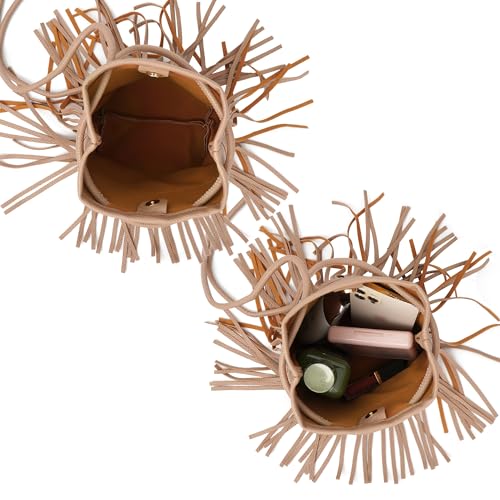 Women Leather Fringe Messenger Bag Mini Hobo Crossbody Tassel Shoulder Bags - color: Solid-khaki