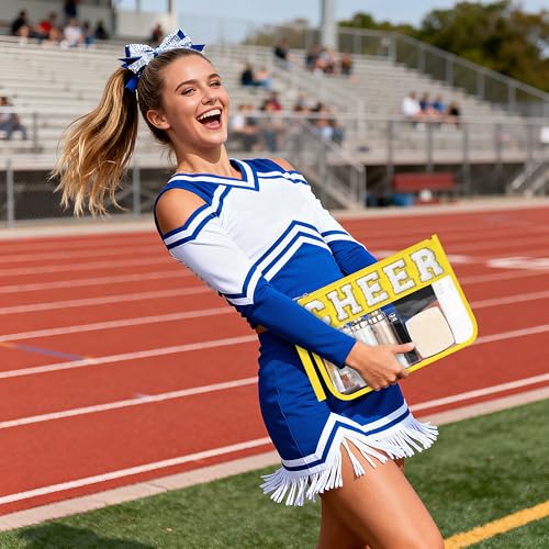 BuyCard Cheer Chenille Letter Bags Clear Makeup Bag, Cheerleader Gifts Cosmetic Bag, Varsity Preppy Patch Flat Pouch Cheer Accessories, Waterproof PVC Organizer Toiletry Bag for Women Girls Yellow - color: Yellow-Cheer
