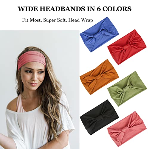 GiLi 6 Pack Wide Headbands for Women Non Slip Soft Elastic Hair Bands Yoga Running Sports Workout Gym Head Wraps, Knotted Cotton Cloth African Turbans Bandana (with 6 Pcs Hair Ties) - color: 6 Color (Black+Brown+Red+Green+Blue+Pink)