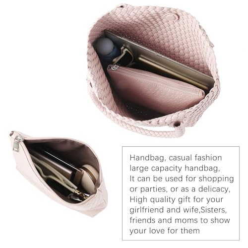 Hand Woven Bag Tote BagS For Women Top Handle Shoulder Vegan Leather Large Travel Beach Hobo Handbag - color: Pink