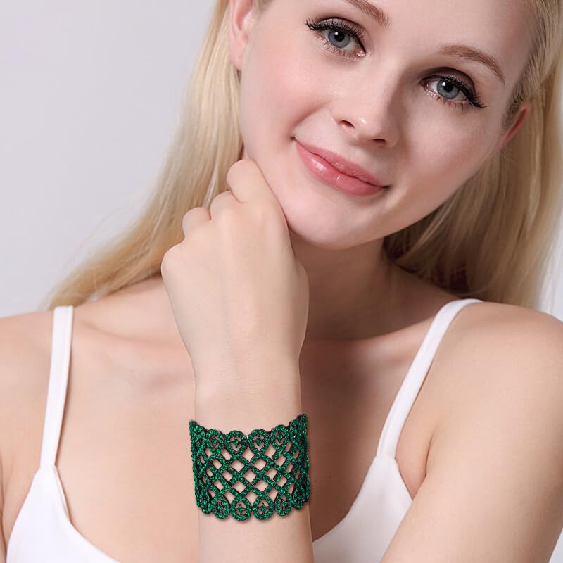 EVER FAITH Art Deco Love Knot Wide Stretch Bridal Bracelet Austrian Crystal - color: Green Black-Tone