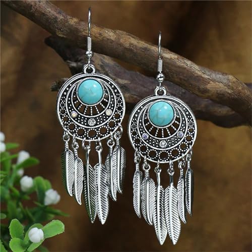Boho Turquoise Drop Earrings Retro Long Copper Feather Tasse Metal Leaf Dangle Earrings Vintage Country Western Jewelry Cowgirl Ethnic Style Geometric Concert Festival Accessories for Women - color: Silver Feather