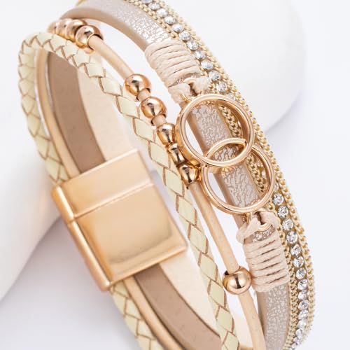 FANCY SHINY Boho Leather Wrap Bracelet Stackable Infinity Chunky Cuff Bracelets Western Hippie Outfits Jewelry Valentine Gifts for Women - color: Gold