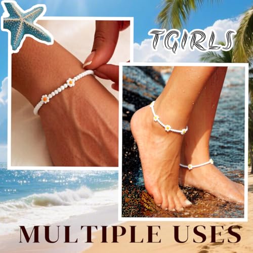 Tgirls Boho Ankle Bracelets for Women Beaded Anklets Chain Beachy Flower Foot Accessories - color: White
