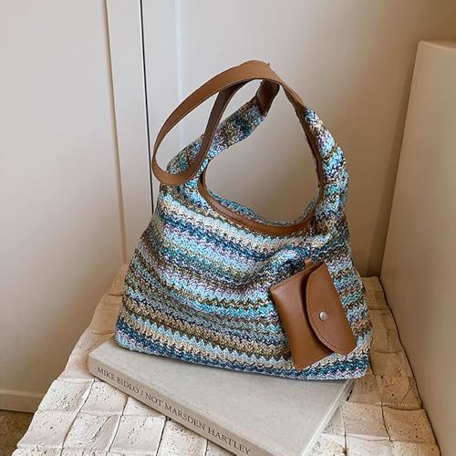 Women's Woven Beach Shoulder Handbag Colorful Straw Tote Bag Summer Vacation Crossbody Bag - color: 3016blue