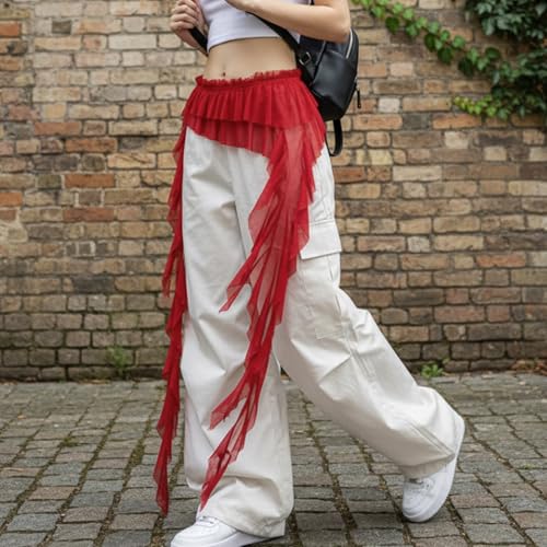 Women Y2K Lace Fringe Hip Scarf Boho Triangle Tassel Waist Cover Up Skirt Wrap Sheer Tie Belt Aesthetic Streetwear - color: B Red