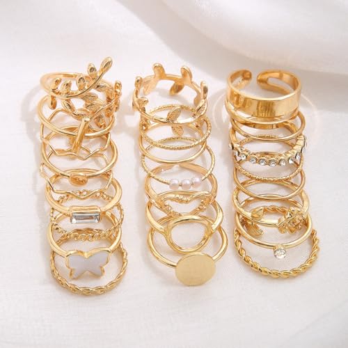 Rrdaily Gold Boho Knuckle Rings Set Vintage Love Pearl Stackable Dainty Joint Finger Sparkling Dainty Simple Trendy Cross Twist Designs Ring Pack (A24)