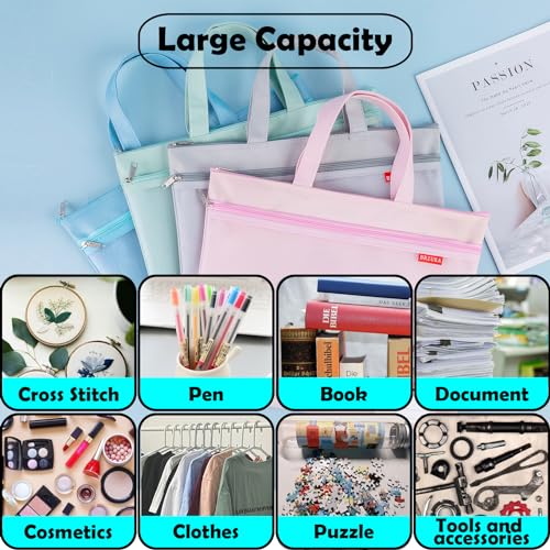 Mesh Zipper Pouch 11x13.7 in, A4 Double Pocket Waterproof File Bag with Handle, Document Storage for School/Travel/Office/Cross Stitch/Puzzle (Green) - color: Green