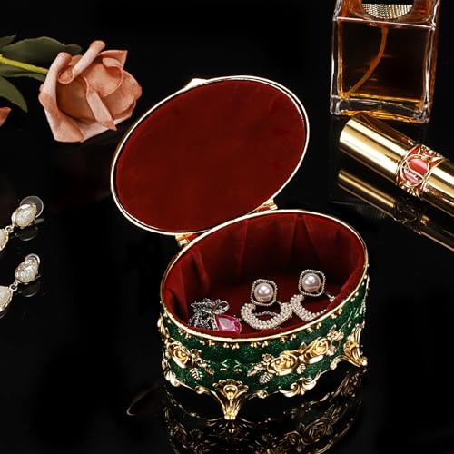 Hipiwe Vintage Jewelry Box Oval Trinket Display Case with Rose Pattern Decorative Green Treasure Box Ring Holder for Women - color: Green