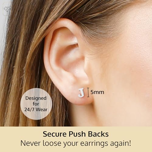 14k Gold Small Script Initial Letter Stud Earrings for Women | Anti Tarnishing 5mm 14k Gold Studs | A-Z Alphabet Earrings with Gift Box by MAX + STONE - style: J | White Gold