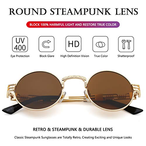 AIEYEZO Round Steampunk Sunglasses for Men Women Retro Circle Hippie Glasses Metal Frame 100% UV Blocking Lens - color: Gold/Brown