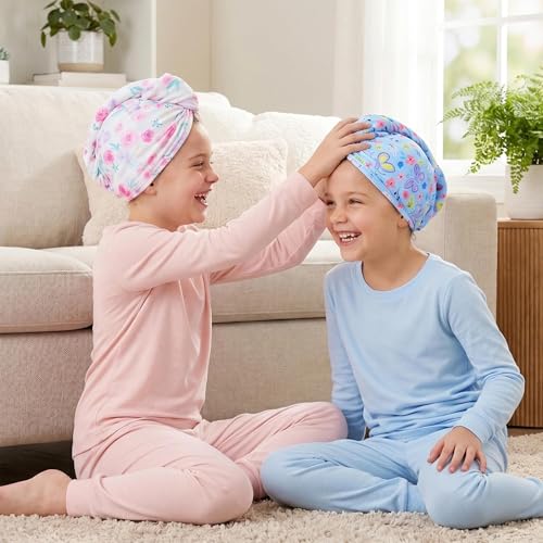 Basumee Microfiber Hair Towel Wrap for Kids 2 Pack Rapid Drying Hair Towel with Button Hair Turbans for Wet Hair Wraps Head Towel Wrap for Women and Girls, Flower - color: Flower and Butterfly