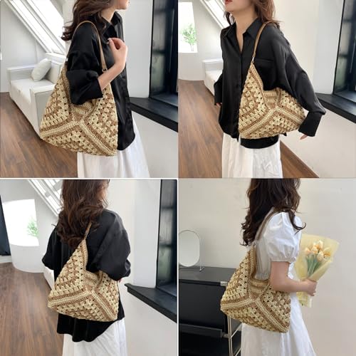Straw Hobo Bag for Women 2026 Boho Woven Beach Purse Large Summer Straw Tote with Lining Black Raffia Shoulder Bag | straw material - color: Khaki 2 With Adjustable Strap