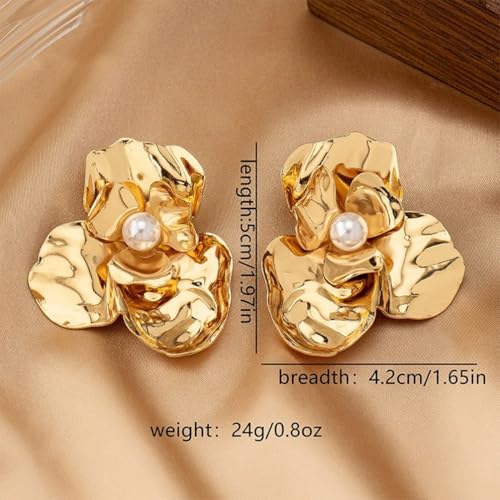 Chunky Large Gold Flower Stud Earring for Women Statement, Boho Big Red Irregular Floral Pearl Earrings Trendy Y2K Prom Party Jewelry Accessories Gift - color: Gold