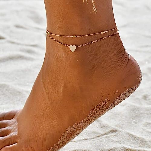 MIDEEO Gold/Silver Ankle Bracelets for Women,14K Gold Anklets for Women Waterproof Cuban Link Heart Beads Herringbone Rhinestone Anklets Set Layered Anklet Bracelets for Women Gold Jewelry Gift - style: 2 Layers Anklet C-Gold