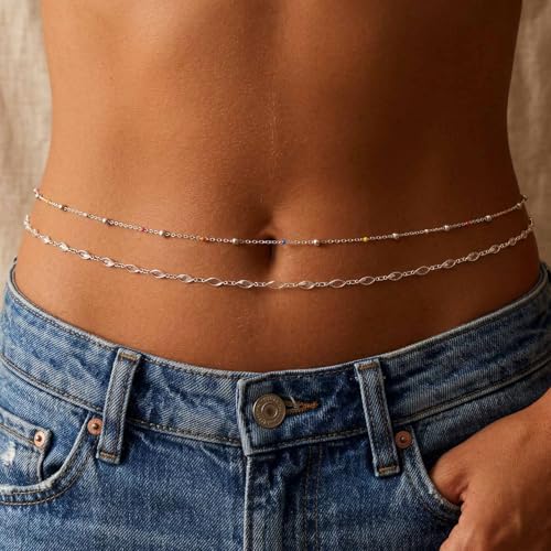 Waist Chain Silver Star Belly Chains Gold Beads Women Crystal Sequins Body Jewelry for Pants and Swimsuits - style: silver-crystal