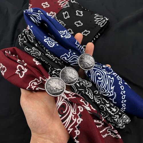 Western Bandana Scarf With Vintage Coin Buckle, Paisley Pattern Neck Scarf for Men Pocket Square Cowboy Scarves - color: White