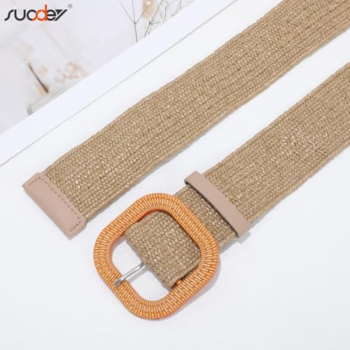 SUOSDEY 2 Pack Straw Woven Elastic Belt Braided Stretch Wide Boho Rattan Waist Belt for Women Dresses - color: 02-khaki+beige, size: Fit Waist up to 45''