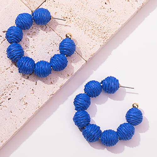 Raffia Hoop Earrings Statement Boho Beaded Earrings Cute Rattan Handmade Colorful Jewelry for Women Unique Summer Outfits - color: Royal Blue