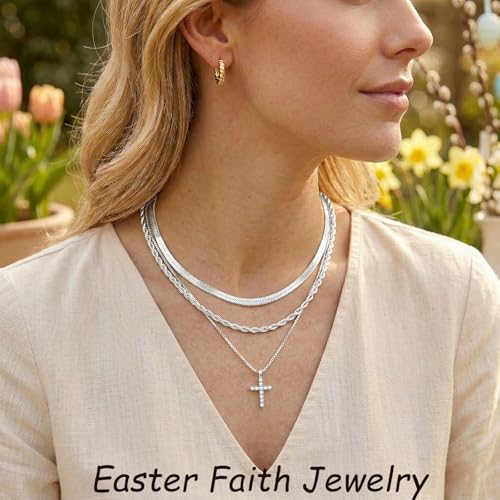 Poxtex Cross Necklace for Women Teen Girls, Dainty 14K Gold Silver Plated Cross Choker Jewelry Non Tarnish Waterproof Cute Simple Small Necklace Christian Baptism Religious Faith Jewelry Gifts - color: 09 Layered cross necklace-silver