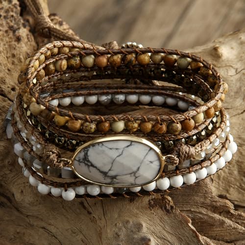 Women Wrap Bracelet Boho Natural Jasper Crystal Stone Beads Strand Bracelets - color: White Turquoise