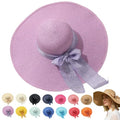 Women’s Straw Sun Hat Wide Brim Packable - Boho Beach Hat for Summer Vacation, Poolside Relaxation and Tropical Travel - color: Purple