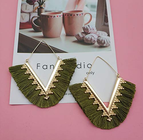 Tassel Hoop Earring Statement Thread Dangle Earrings Stylish Long Fringe Drop Earrings Lightweight Long Swingy French Hook Earrings for Women - color: A Olive Green