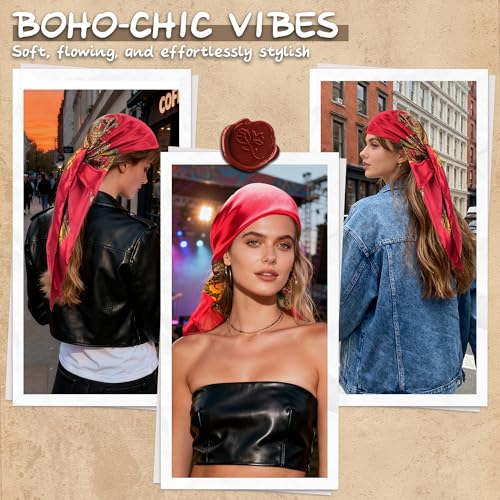 Large Square Head Scarf Bandana - 35" Satin Hair Scarf for Women Like Silk Scarf Fashion Hair Wrapping - color: Paisley(red), size: 35IN*35IN
