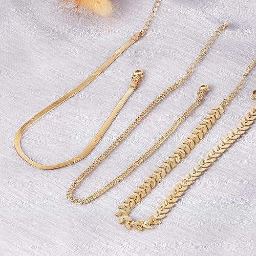 MIDEEO Gold/Silver Ankle Bracelets for Women,14K Gold Anklets for Women Waterproof Cuban Link Heart Beads Herringbone Rhinestone Anklets Set Layered Anklet Bracelets for Women Gold Jewelry Gift - style: 3Pcs Anklets C-Gold