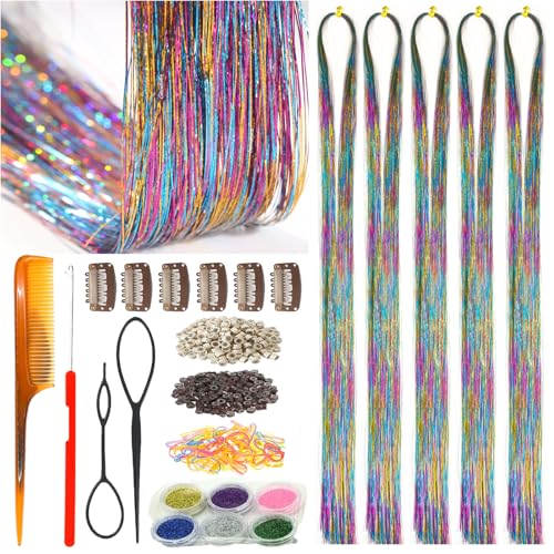 Celinebella Rainbow Mixed Hair Tinsel, 48" 1250 Strands Multicolor Shimmer | Vibrant 7-color rainbow mixed strands, bold colorful shimmer, heat resistant, ideal for carnivals cosplay festivals parties - color: 19-Rainbow Mix, size: 48 Inch Pack of 5Pcs