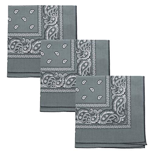 Motique Accessories Set of 3 Paisley Bandanas – 100% Cotton 22 Inch Head Scarf Neck Bandana Face Cover - color: Light Grey