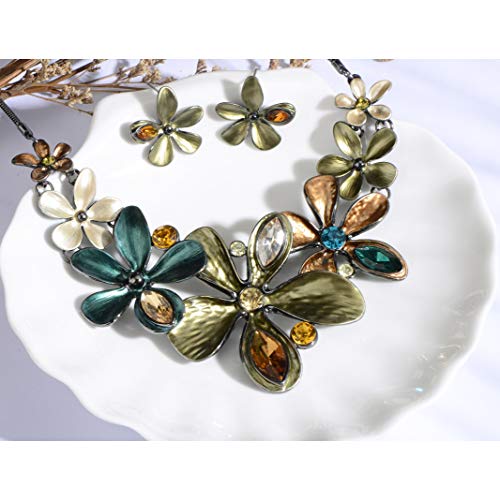 AMYJANE Vintage Statement Jewelry Set - Spring Leaf Flower Floral Plant Necklace Earring Set Crystal Rhinestone Fashion Costume Jewelry for Women Prom Party Unique Gift - style: Green Flower Jewelry Set