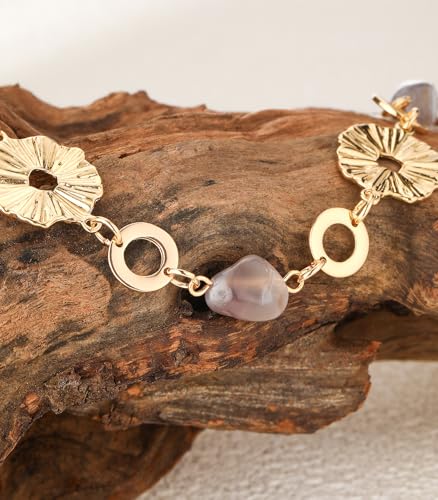 Long Gold Necklaces for Women Dainty Natural Stone Beaded Gold Necklace Mothers Day Gifts Boho Gold Costume Jewelry for Women - color: Grey