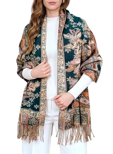 Achillea Elegant Paisley Floral Pashmina Shawl and Wrap – Boho Rave Scarf for Festival, Travel & Everyday Wear - color: Emerald Green